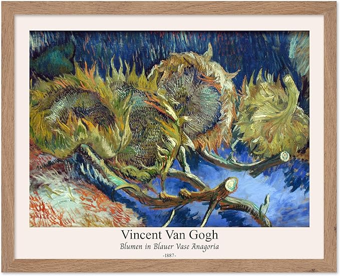 Monem Art Vintage Van Gogh Poster - Retro Blumen in Blauer Vase Anagoria Print - Sunflower Art - Impressionism Art - Fine Art - Classic Painting Art - Bedroom Wall Decor - 11x14 Beige Framed