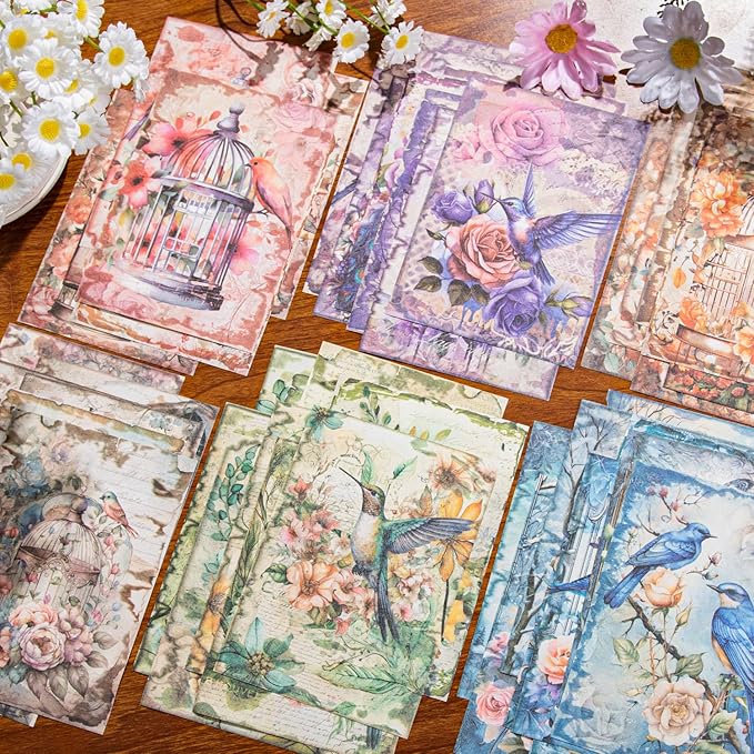 MAFELOE Scrapbook Supplies for Decorative Paper Aesthetic, Art Collage Album and Card Making, Junk Journal Kit Handmade Scrapbook Paper Craft, 6 Packs, 30 Pieces Each - Cage&Bird Series