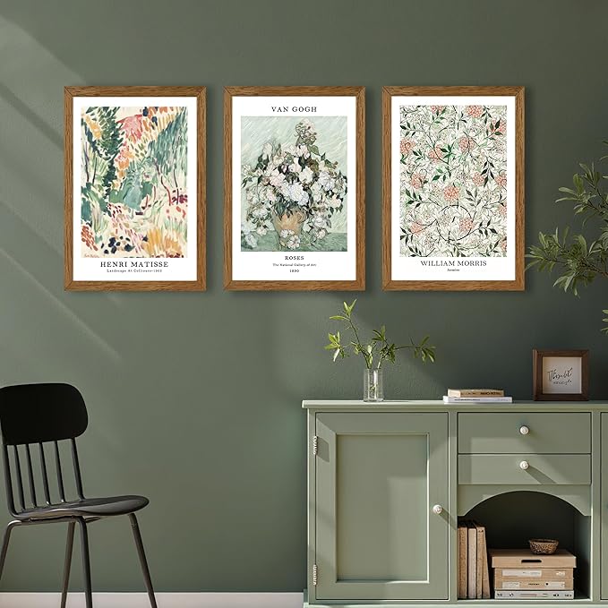InspiredHues 3 Piece Sage Green Vintage Canvas Wall Art Landscape Flower Botanical Canvas Wall Decor Henri Matisse Van Gogh William Morris Artwork Prints for Bedroom Living Room 16x24 In Wood Frame