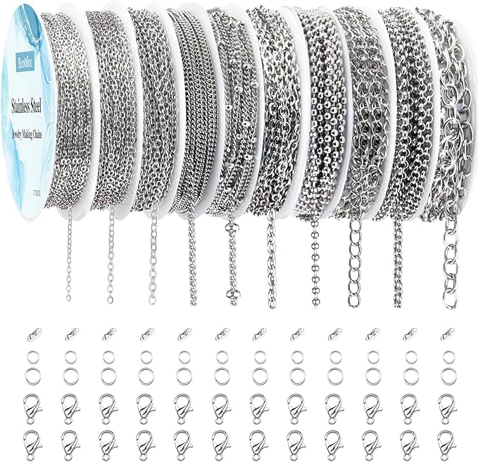 Necklace Chains for Jewelry Making, 78.7 Feet 10 Rolls Stainless Steel Jewelry Chains for DIY Necklace Bracelet Jewelry Making with Stainless Steel Jump Rings/Lobster Clasps/Connectors