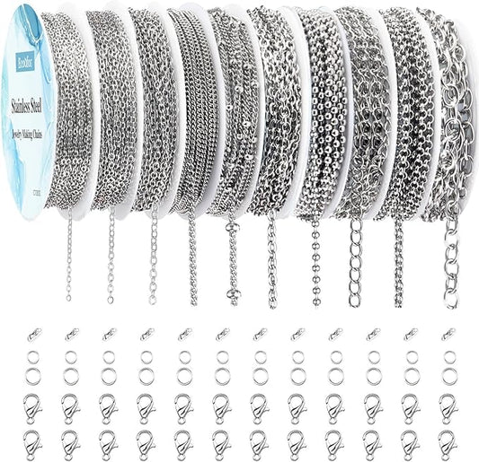 Necklace Chains for Jewelry Making, 78.7 Feet 10 Rolls Stainless Steel Jewelry Chains for DIY Necklace Bracelet Jewelry Making with Stainless Steel Jump Rings/Lobster Clasps/Connectors
