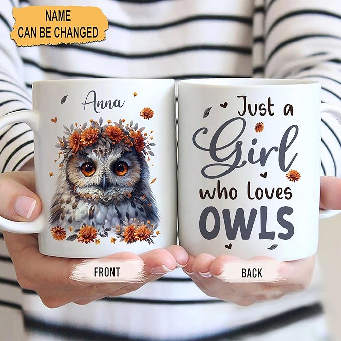 Hyturtle Personalized Cute Owl Coffee Mug - Just A Girl Who Loves Owls - Animal Lover Gift for Women - Birthday Christmas - Custom Ceramic Cup 11oz - 15oz