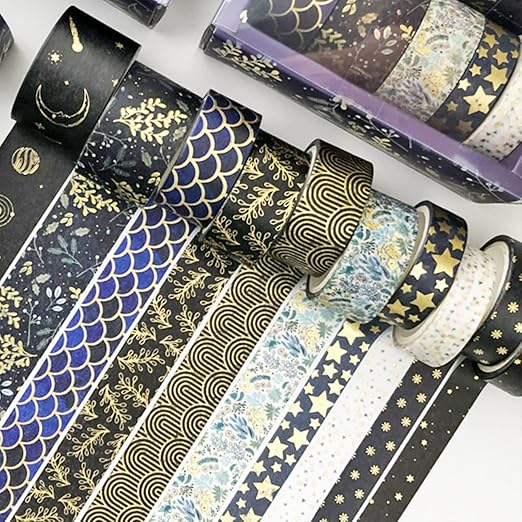YUBX Creative Washi Tape Set 10 Rolls Gold Foil Print Decorative Masking Tapes for Arts, DIY Crafts, Journals, Planners, Scrapbook, Wrapping (Black Mashup)