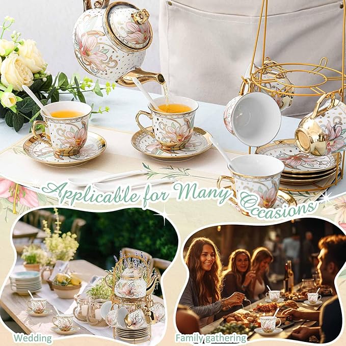 Zhehao 20 Pcs Porcelain Tea Set with Metal Holder and Spoon Adult Ceramic Tea Set European Flower Painting Teapot Cup Saucer Spoon for Women, Large Version(Traditional Style)