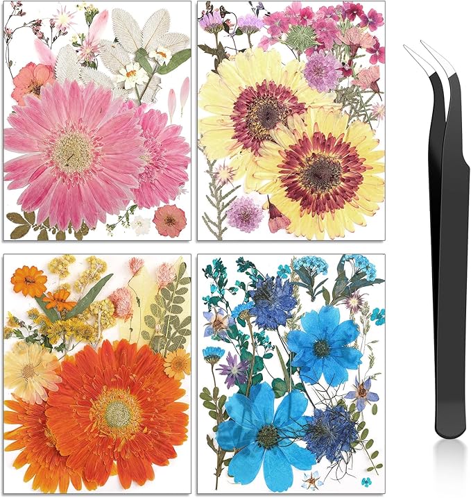 Nuanchu Dried Flower for Crafts Resin Pressed Flowers Bulk, Large Real Dried Wildflowers Leave Natural with Tweezer for Scrapbooking Nail Soap Candle Cake Card Making DIY Christmas Craft Supplies