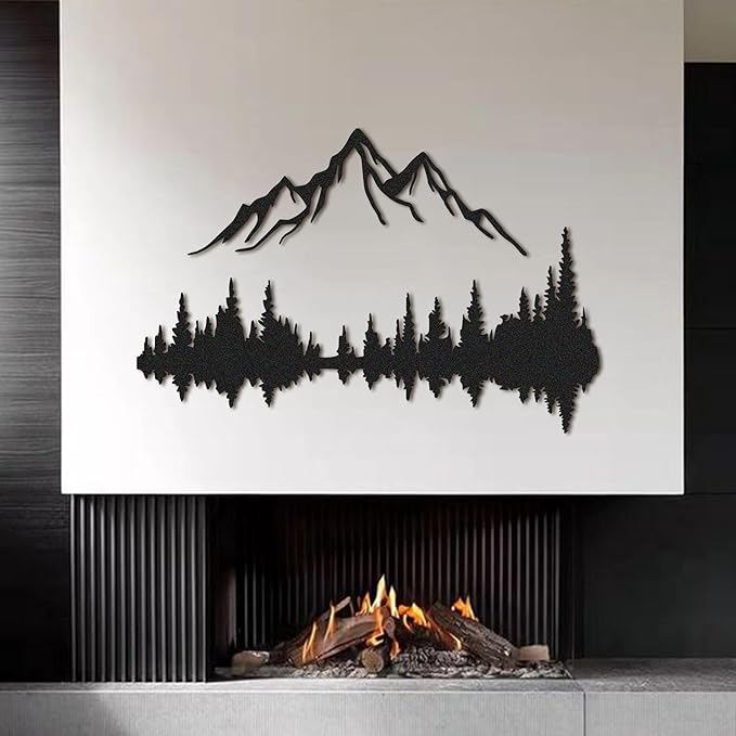 Metal Wall Art - Mountain & Forest Metal Wall Decor - Large Wall Sculpture for Rustic Home Living Room Bedroom Indoor/Outdoor (Black, 47.2'' x 31.4'')