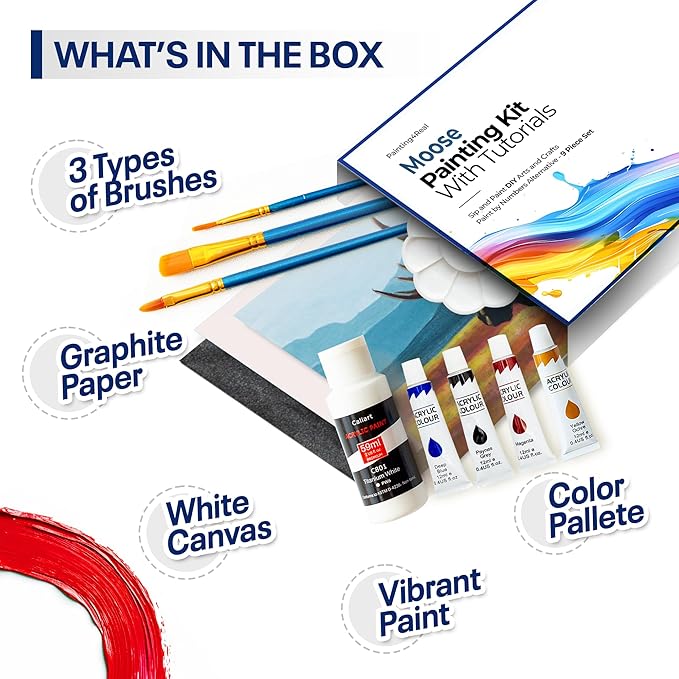 DIY Painting Class Kit for Adults with Video Tutorials: Learn to Paint Moose – How to Paint with Acrylics – Painting & Art Supplies – 9 Piece Acrylic Paint Set