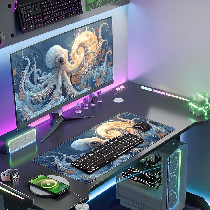 White Octopus Moon Gaming Mouse Pad Xl-31.5x15.7in- Octopi Desk Mat- Blue Extended Aesthetic Keyboard Mouse Pad, Gamer Gifts, Gift for Him/Her