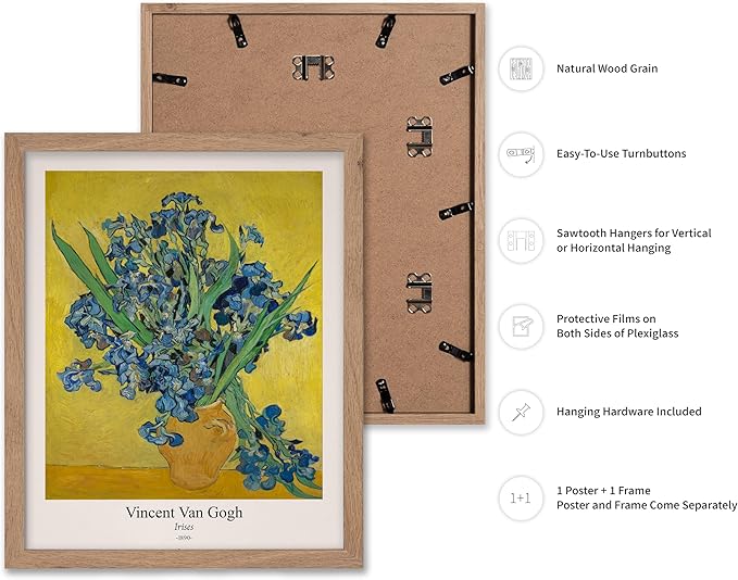 Monem Art Vintage Van Gogh Poster - Retro Irises Print - Flowers in Vase Art - Impressionism Art - Floral Art - Fine Art - Classic Painting Art - Living Room Wall Decor - 11x14 Beige Framed