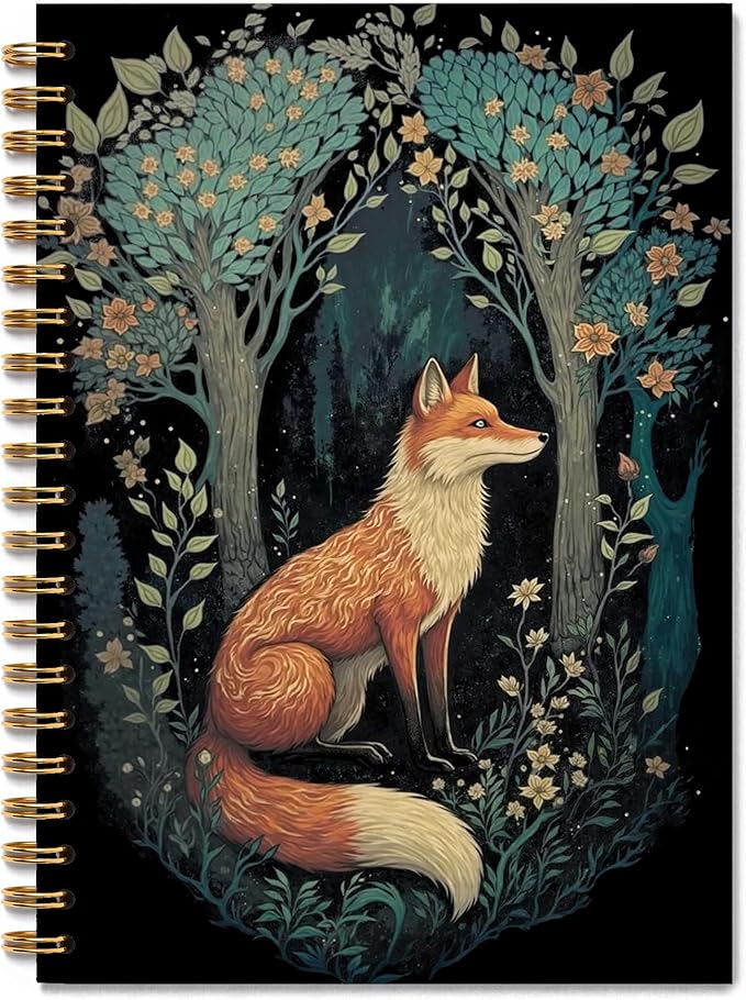 Vintage Moody Fox Notebook, Dark Cottagecore Flower Aesthetic Journal, Fox Gifts for Women men, Animal Lover Gifts, Mystical Forest Foxes Animal Spiral Journal Notebook, 5.5x8.3 Inch