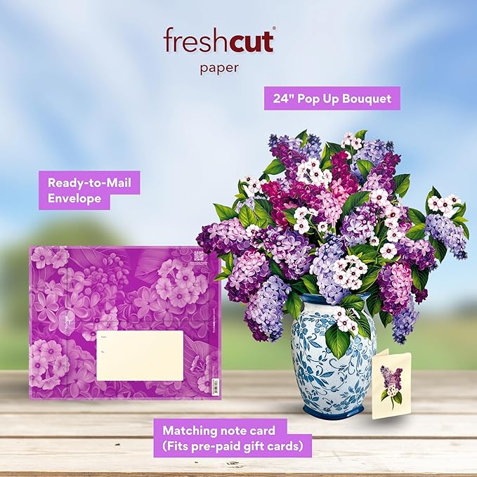 Freshcut Paper Pop Up Cards, Grande Garden Lilacs, 18 Inch Life Sized Forever Flower Bouquet 3D Popup Greeting Card, Birthday Cards, Thank You Card, Blank Notecard & Envelope