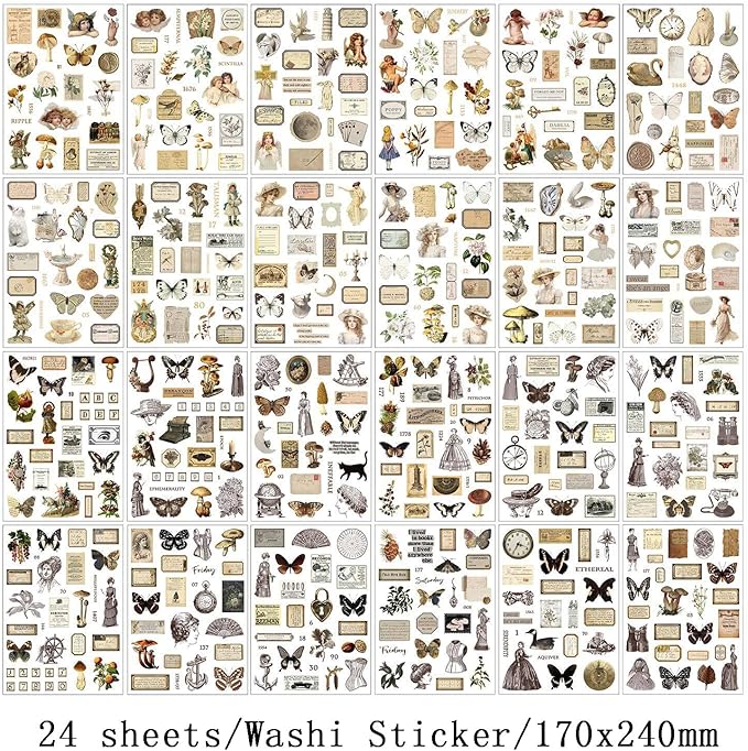 Vintage Stickers for Scrapbooking, Junk Journal - 24 Sheets Washi Sticker, Victorian Journal Stickers Book for Women, Self-Adhesive Scrapbook & Junk Journal Supplies (Brown)
