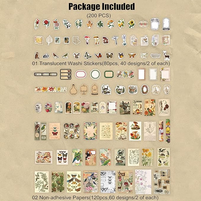 200 Pieces Vintage Ephemera Scrapbooking Supplies Pack for Journaling, Decoupage Paper Scrapbook Stickers Kit for Bullet Junk Journal Planners Collage Craft Notebooks Album (Forests)