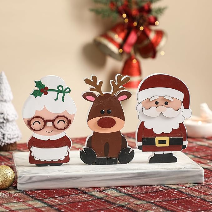 Amorita Wooden Christmas Tiered Tray Decor, 3 Piece Set Santa and Mrs. Claus with Reindeer, Xmas Table Centerpieces -Elegant Santa Christmas Decor for Festive Holiday Table Decorations