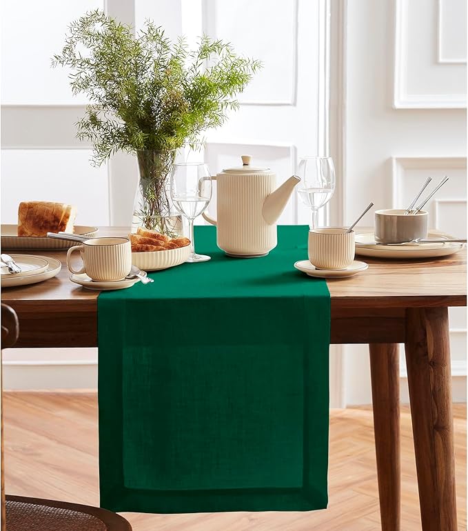 Solino Home Linen Green Table Runner 120 Inches Long - 100% Pure Linen 14 x 120 Inch Table Runner for Dining, St Patricks Day, Winter - Sonoma