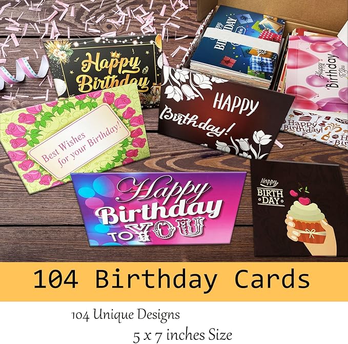 Happy Birthday Cards, 104 Birthday Card Bulk with Envelopes - Blank Inside, 5 x 7 inches Assorted Birthday Greeting Cards in Box