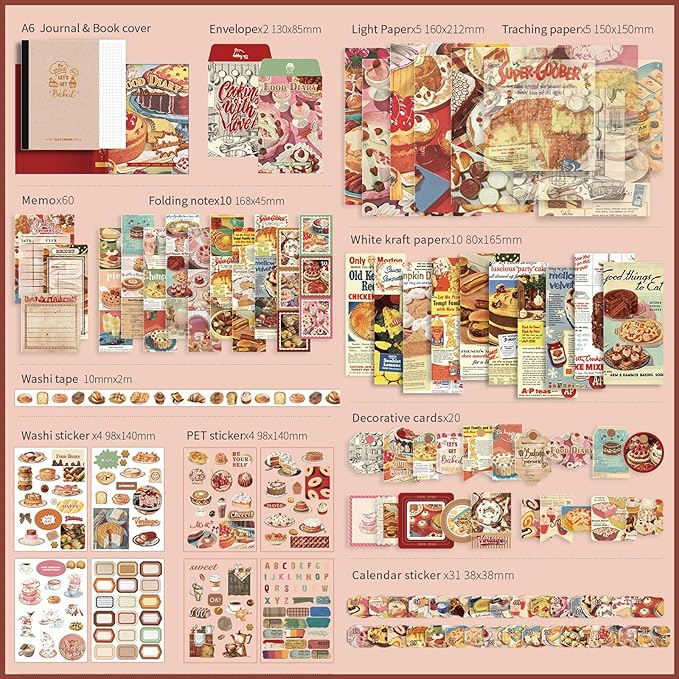 Draupnir Vintage Aesthetic Scrapbook Kit, Bullet Junk Journal Kit with Journaling/Scrapbooking Supplies, Stationery, A6 Grid Notebook Graph Ruled Pages, DIY Gift for Teen Girl Kid Women
