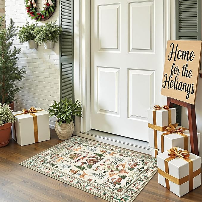 jinchan Christmas Rug 2x3 for Entryway Kitchen Small Holiday Rug for Porch Bathroom Christmas Tree and Cabin Printed Winter Xmas Decor Washable Doormat for Bedroom Non Slip Green on Beige
