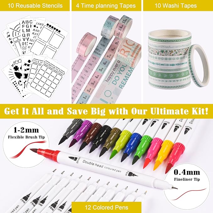 Bullet Dotted Journal Kit, 140gsm No Bleed A5 Dotted Bullet Grid Journal Set with 188 Pages, 10 Stencils, 14 Washi Tape, 12 Brush Pens Dual Tip, Journaling Supplies for Diary Schedule Planner, Yellow