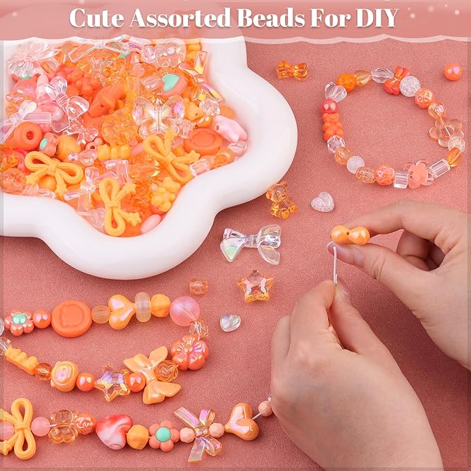 200-260PCS TINKRSTUFF Assorted Acrylic Beads Orange Cute Beads for Bracelet Making, Bow Flower Butterfly GummyBear Kawaii Charms, Aesthetic Bead for Necklace Keychain Jewelry Making DIY Phone Charm
