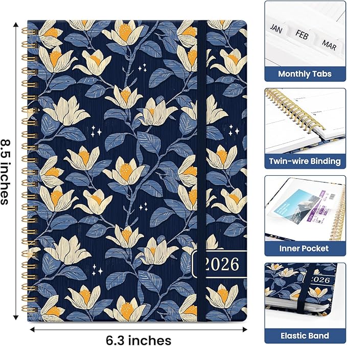 2026 Planner, Monthly and Weekly Calendar Planner for Women, Jan 2026 - Dec 2026, Hardcover Pretty 2026 Agenda Planner Book with Tabs, Spiral Bound, Perfect for School Office Home Supplies, 6.3" x 8.5" - Midnight Magnolia