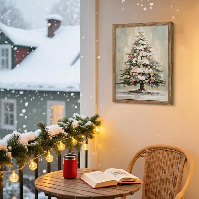 Framed Christmas Canvas Wall Art, Vintage Christmas Tree Pictures Print, Rustic Winter Holiday Decor, Wood Frame Pine Tree Painting, Christmas Tree Wall Decor for Living Room, Fireplace – 12x16in