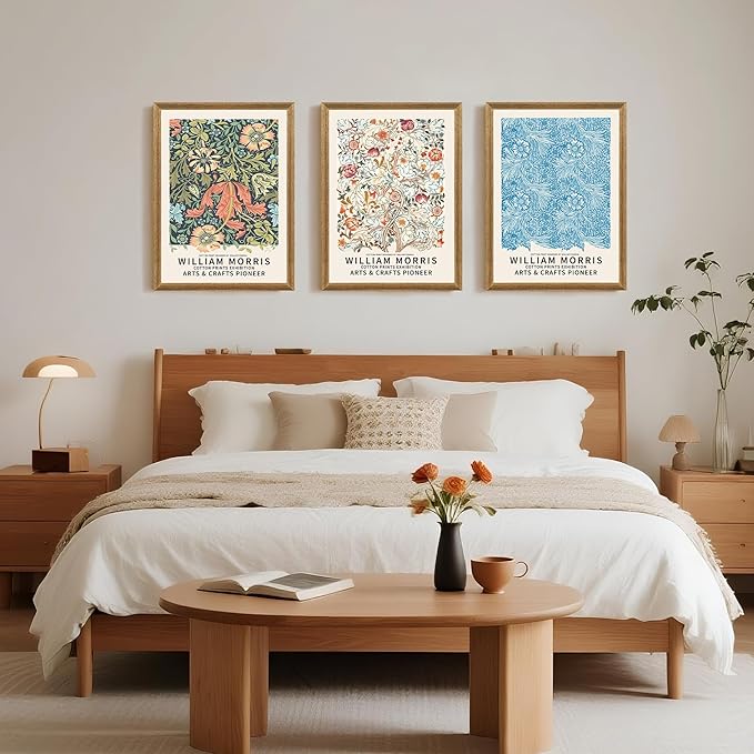 SYWENNOI 3 Pieces Wood Frames Vintage Floral Canvas Wall Art, William Morris Textured Art Wall Decor, Greens Indigos and Terracottas Botanical Designs Prints for Living Room Bedroom Offices 16x24 In
