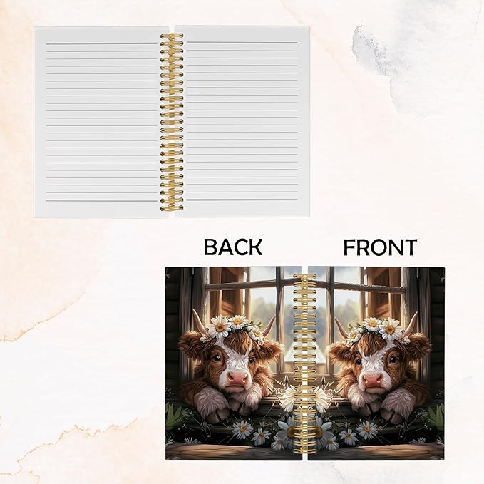 Highland Cow Journal Notebook - Western Farmhouse Floral Notebooks College Ruled for Work School, Highland Cow Gifts for Women, Western Office Supplies, Hardcover Spiral Notebook 5.5"x8.3"