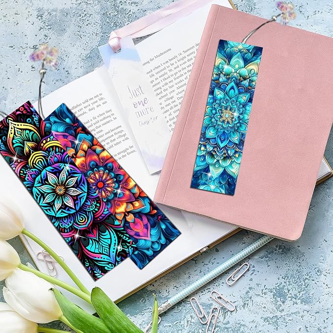 Puraikcmi 6 PCS 5D DIY Diamond Art Bookmarks,Mandala Diamond Painting Bookmarks Kits with Tassels Acrylic, Rhinestone Crafts Decoration Gift Set for Book Lovers Beginners & Adults