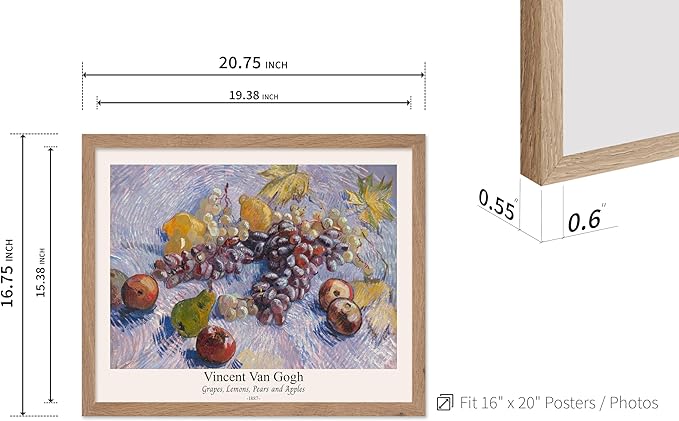 Monem Art Vintage Van Gogh Poster - Retro Grapes Lemons Pears and Apples Print - Impressionism Art - Fruit Art - Fine Art - Classic Painting Art - Great Kitchen Decor - 16x20 Beige Framed