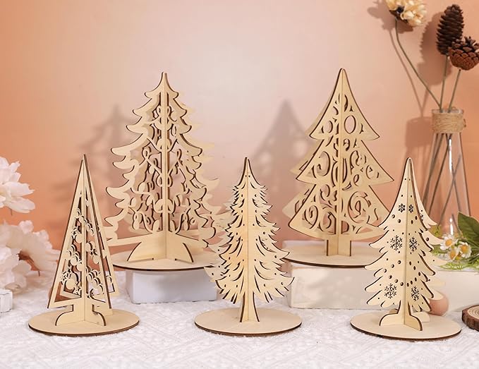 Christmas Craft Set - Wood 3D Christmas Tree, Wooden Unfinished Slices to Paint, Xmas Trees Cutouts Ornaments, for Xmas Winter DIY Handmade Tiered Tray Decorations