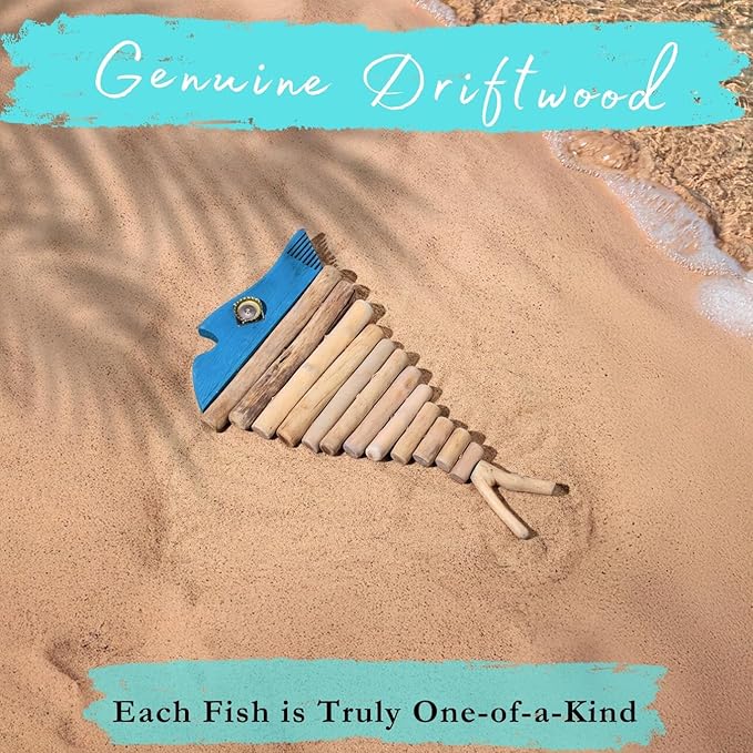 Mint Bucket Brands Driftwood Fish Nautical Wall Decor - Handmade Wooden Rustic Coastal Wall Art for Living Room, Bedroom, Office, Bathroom - Ocean Beach Decoration (Blu)