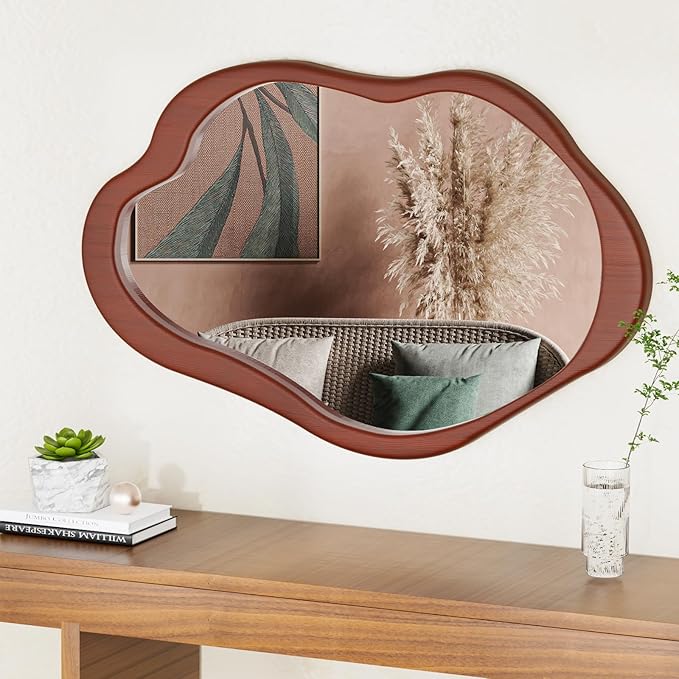 41''x 28' 'Wavy Cloud Mirror Irregular Wall Mirror with Wood Frame, Modern Decorative with Hanging Hooks, Asymmetrical for Bedroom Living Room Entryway Walnut Color