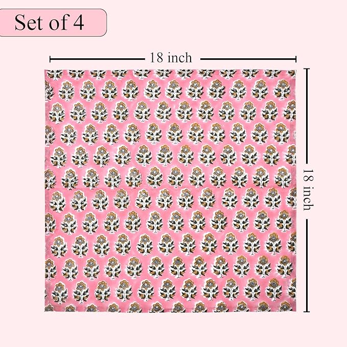 CPC Cloth Napkins 100% Cotton Set of 4 Reusable Napkins, Indian Block Print Toile Floral Dinner Napkin, Fall Thanksgiving Christmas Holiday Party Gift - Soft Absorbent Napkin, 18"x18" Poppy Pink