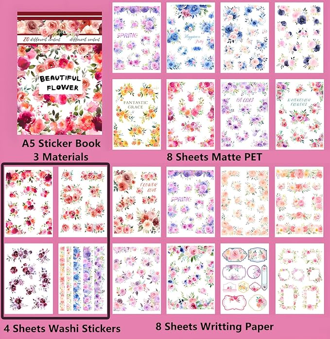 YagCu Vintage Watercolor Floral Sticker Book, Pre-Cut Stickers for Journaling, Assorted Washi Paper PET Materials, Junk Journal Supplies, Scrapbooking Crafts Arts