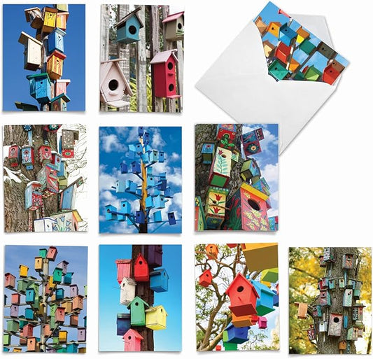 The Best Card Company - 10 Bird Note Cards Blank (4 x 5.12 Inch) - All Occasion Cards with Envelopes, Boxed Set - Birdhouse Beautiful AM6114OCB-B1x10