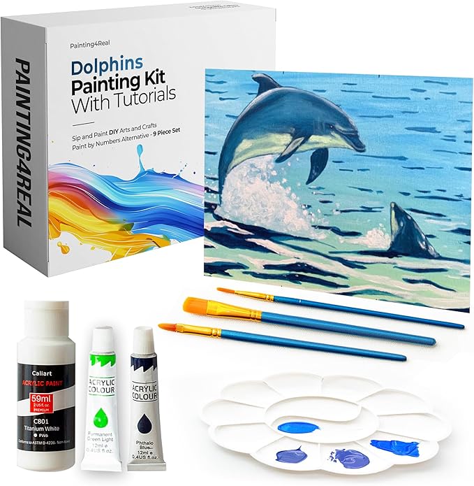 DIY Painting Class Kit for Adults with Video Tutorials: Learn to Paint Dolphins – How to Paint with Acrylics – Painting & Art Supplies – 9 Piece Acrylic Paint Set