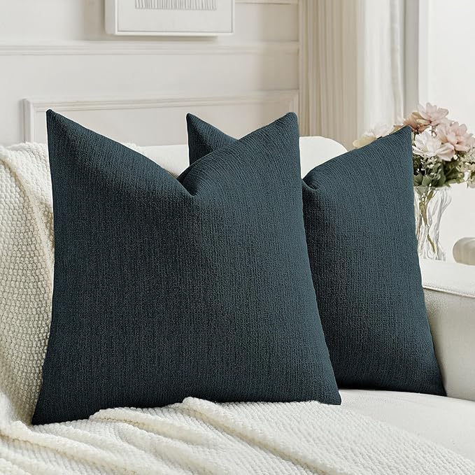 FUTEI Navy Blue Chenille Decorative Throw Pillow Covers 16x16 Inch Set of 2,Soft Cozy Faux Linen Textured Cushion Case,Farmhouse Home Decor for Couch Living Room