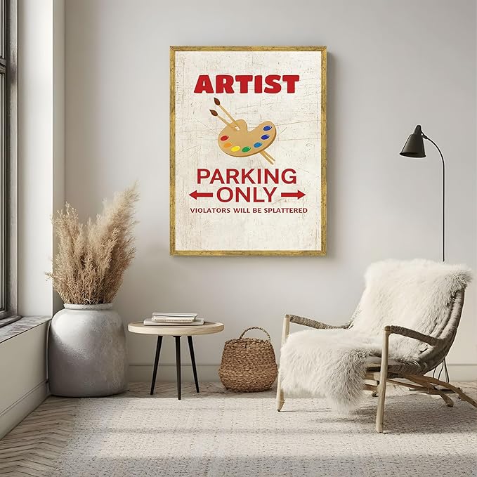 Vintage Framed Artist Parking Only Canvas Print Oil Paintings Reproduction World Classics Retro Poster Painting Pictures Wall Decor Whimsical Home Decor for Office Dorm Room (Wood Framed,12L x 16W)