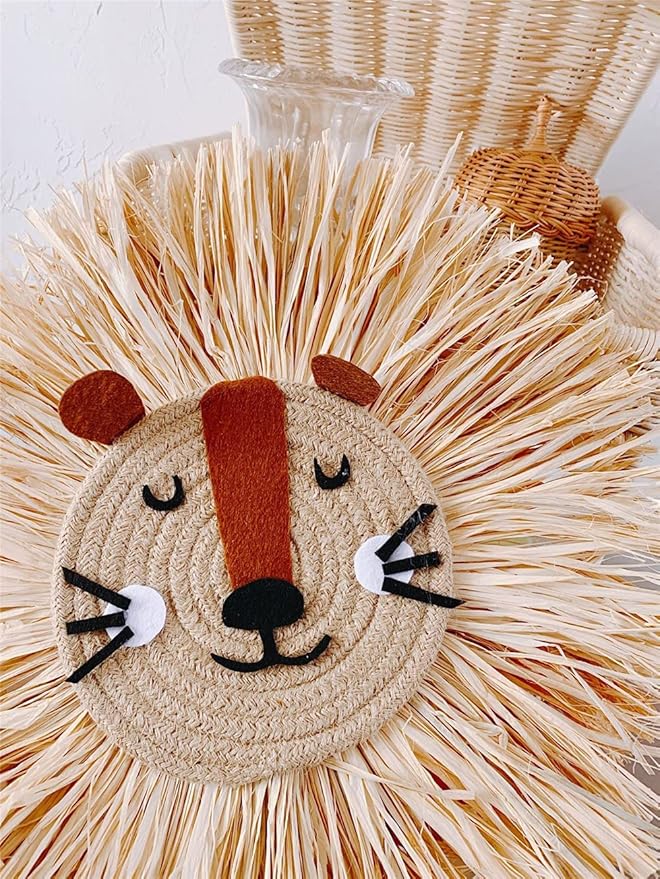 Charlbytion Wall Art Animal Head Hand Knitted Hanging,Cotton Thread Weaving Straw Cartoon Tassel Beard Lion Tiger Macrame Pendant Nursery Room Wall Decor for Home Decoration (16''*16'', F)