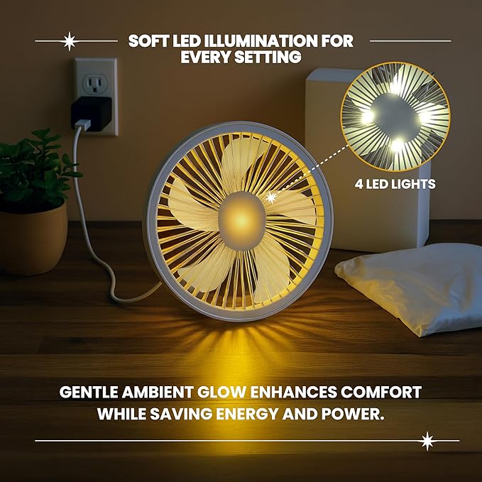 Brynnberg Portable Indoor Fan – Rechargeable Table Fan for Home, Office & Bedroom – Quiet Air Circulation Desk Fan with Adjustable Angle, Hanging Hook & Long Battery Life – Compact White 8.6 x 3.9in