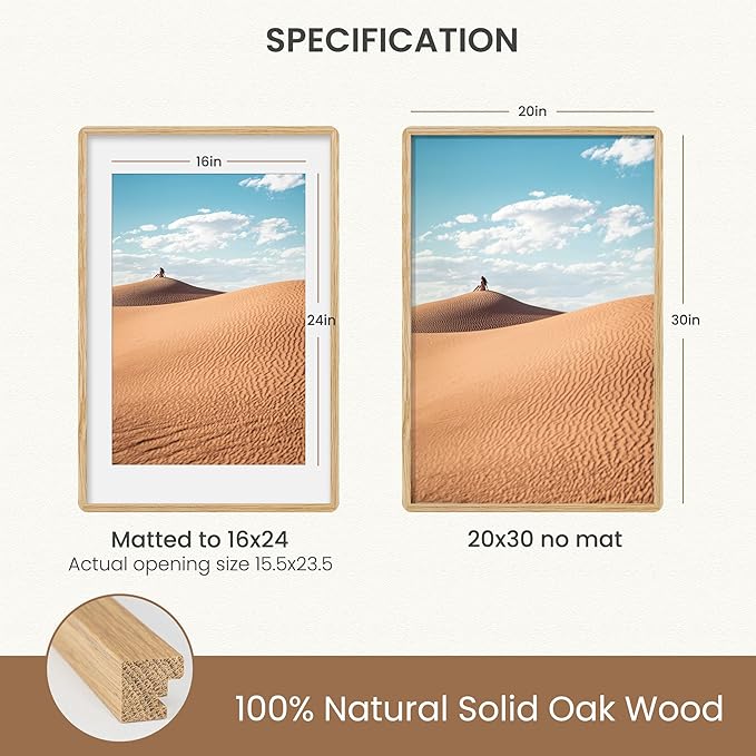 Natural Oak Wood Picture Frame 20x30, Wooden Poster Frame with Mat for 16x24, Round Corner 20 x 30 Matted Picture Frames with Resistant Plexiglass for Wall Mounting or Tabletop, Oak Color, Set of 1