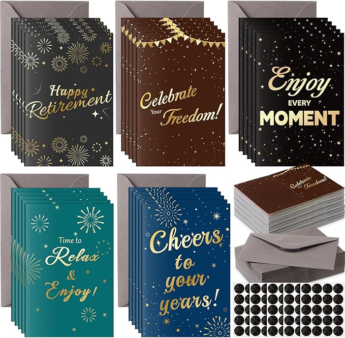 100 Sets Retirement Cards with Envelopes and Stickers Blank Inside Funny Retirement Card 5 Style Designs Greeting Card for Coworker Teacher Employee
