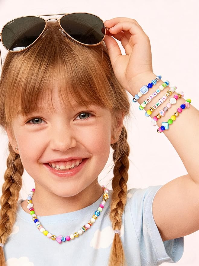 594PCS Bead Bracelet Making Kit for Kids,Colorful Pony Beads Pearl Shell Flower Evil Eyes Star Carft Friendship Bracelet Necklace Jewelry Making Supplies Kit Gifts for Boys Girls Women