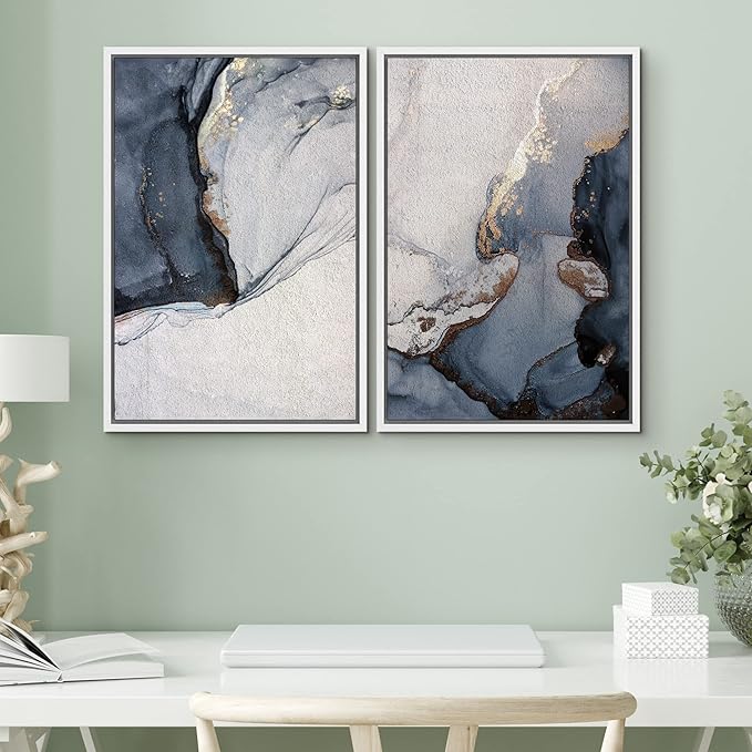 SIGNWIN Framed Canvas Print Wall Art Set Pastel Watercolor Blue Smoke Waves Abstract Shapes Illustration Modern Art Minimalism Decorative Nordic for Living Room, Bedroom, Office - 24"x36"x2 White
