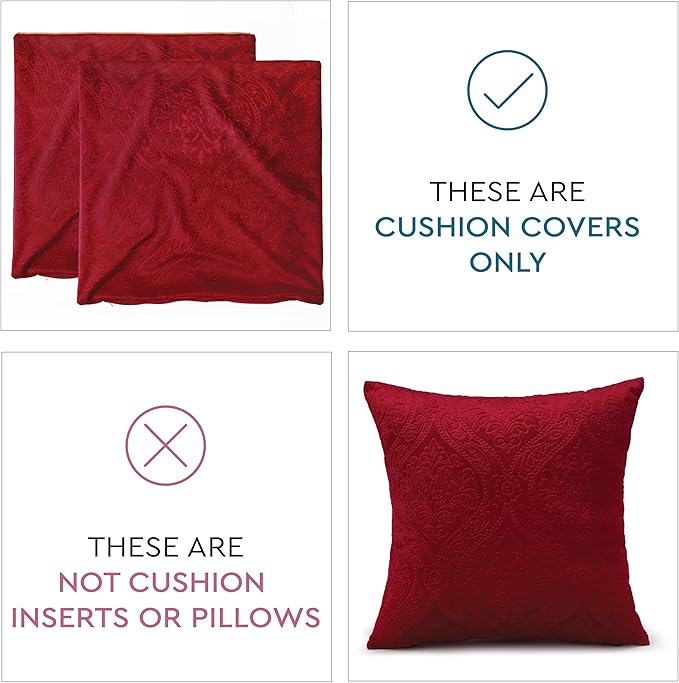 Encasa XO Luxury Embossed Velvet Throw Pillow Covers - Plush Cushion Covers for Elegant Living Rooms & Bedrooms, Machine Washable, 18"x18" Red | Set of 2 | Covers Only No Insert