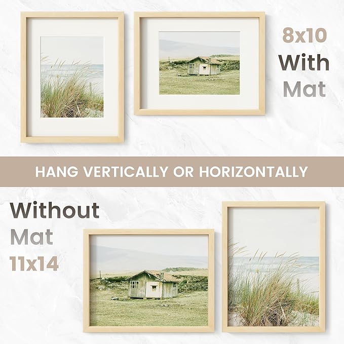 11x14 Picture Frame, USA-Sourced Natural Maple Wood Photo Collage Frame with HD Tempered Glass, Modern Simple 11 x 14 Wooden Frame Matted to 8x10, Vertical & Horizontal Wall Hanging Display