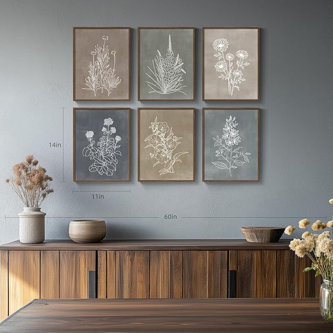Framed Boho Botanical Wall Art for Living Room, Set of 6 Rustic Floral Canvas Painting Prints, Vintage Minimalist Neutral Flower Artwork for Modern Farmhouse Bedroom Kitchen Hallway Wall Decor, 11x14