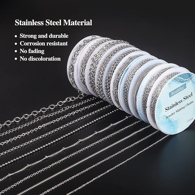 Necklace Chains for Jewelry Making, 78.7 Feet 10 Rolls Stainless Steel Jewelry Chains for DIY Necklace Bracelet Jewelry Making with Stainless Steel Jump Rings/Lobster Clasps/Connectors