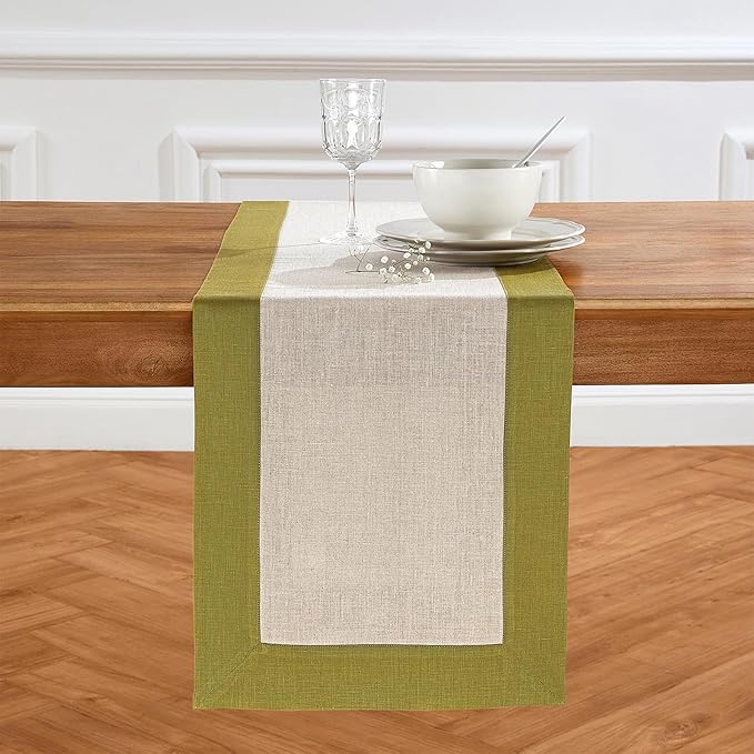 Solino Home Linen Table Runner 60 Inches - 100% Pure Linen Avocado and Natural Short Table Runner 14 x 60 Inch Ideal for Dresser and Coffee Tables - Contempo - Winter, St Patricks Day